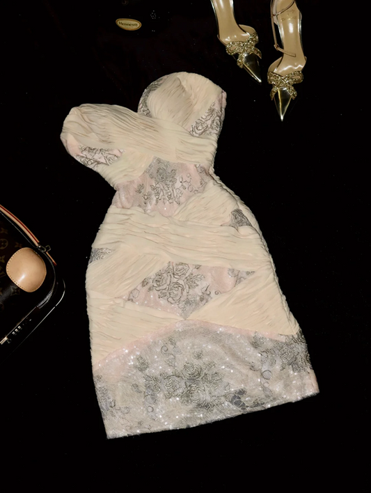 Light apricot strapless fitted waist bodycon short ball gown R6980