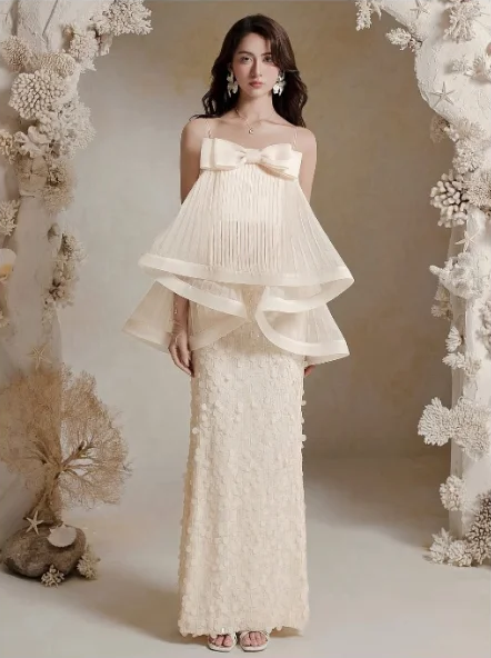 Apricot strappy bow design elegant top A-line maxi dress for homecoming R4847