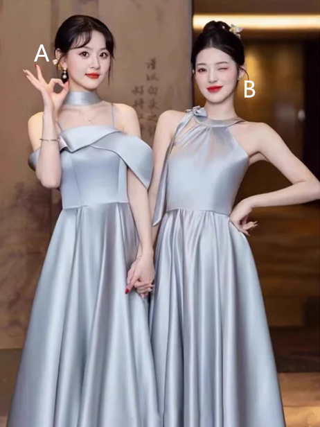 Gray blue satin waist slim fit elegant ball gown, bridesmaid dress R6123