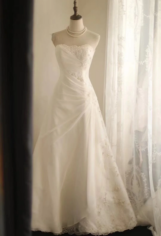 White strapless fitted A-line long ball gown R6780