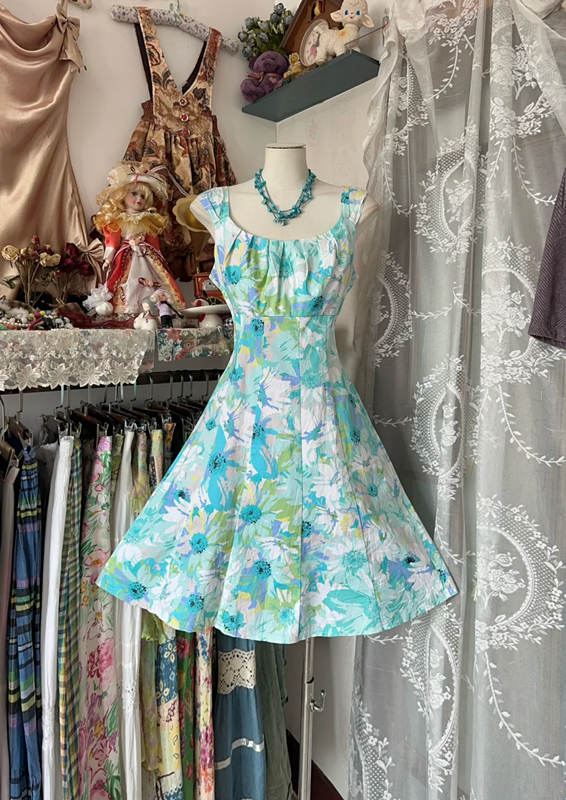 Blue floral print halter-neck A-line short ball gown R6381