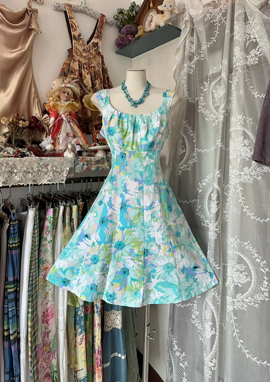 Blue floral print halter-neck A-line short ball gown R6381