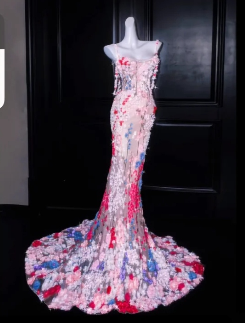 Pink Floral Spaghetti-Strap Fitted-Waist Slim-Fit Hip-Hugging Mermaid-Length Prom Dress R6501