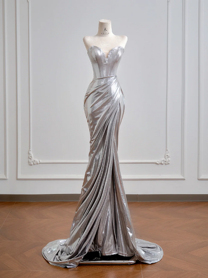 Silver strapless, fitted, bodycon, sexy long ball gown R8154