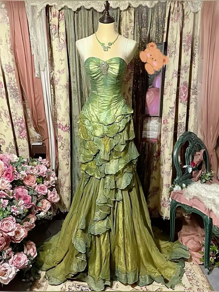 Green tube top waist slim fit sexy cake elegant long skirt, prom dress R5304