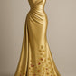 Gold one-shoulder slim waist elegant dress, prom dress R5351