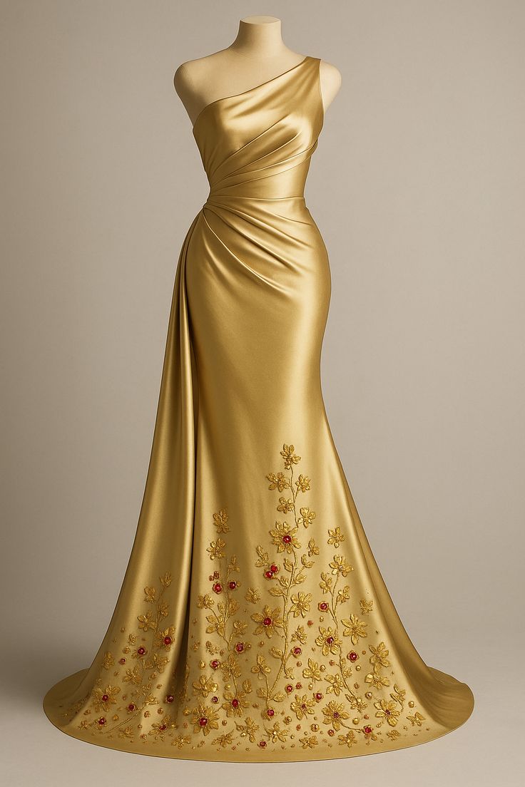 Gold one-shoulder slim waist elegant dress, prom dress R5351