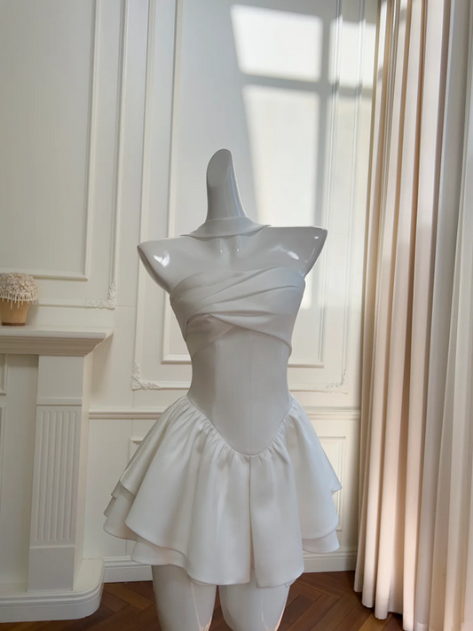 White Strapless Satin Waist Slim A-Line Short Skirt Homecoming Dress R5050