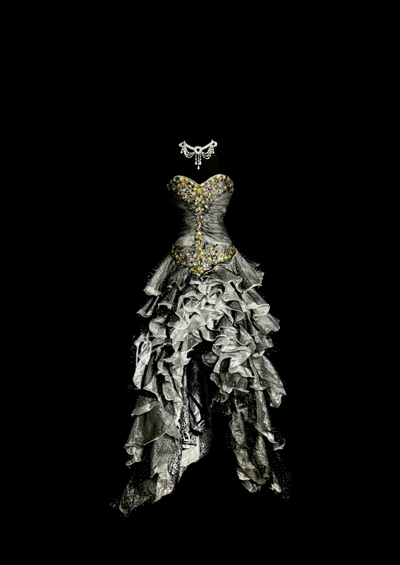 Gray strapless rhinestone-embellished, fitted waist, pleated, tiered skirt, long ball gown R6661