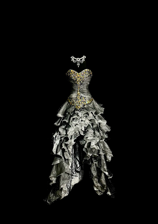 Gray strapless rhinestone-embellished, fitted waist, pleated, tiered skirt, long ball gown R6661