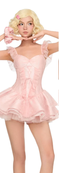 Pink suspender waist satin slim cake skirt short skirt homecoming dress R4439