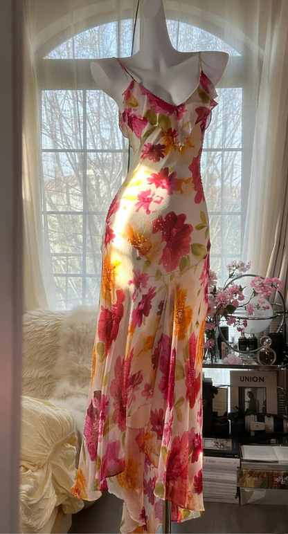 Pink floral print halter-neck fitted bodycon long ball gown R6541
