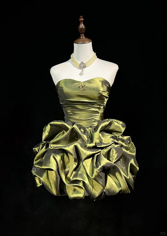Olive Green Strapless Waist Satin Flower Bud Skirt Homecoming Dress R4928