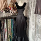 Black fur-trimmed halter-neck fitted long ball gown R7459