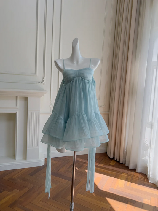 Light blue suspenders fresh and cute chiffon skirt homecoming dress R5010