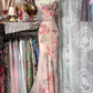 Light pink floral print halter-neck fitted long ball gown R7573