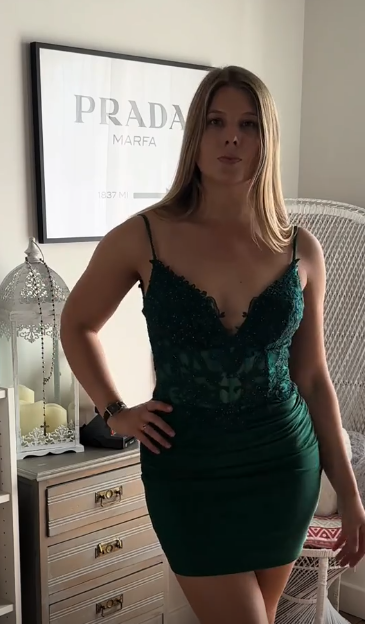 Green suspender low-cut sexy waist slim hip skirt homecoming dress R5550