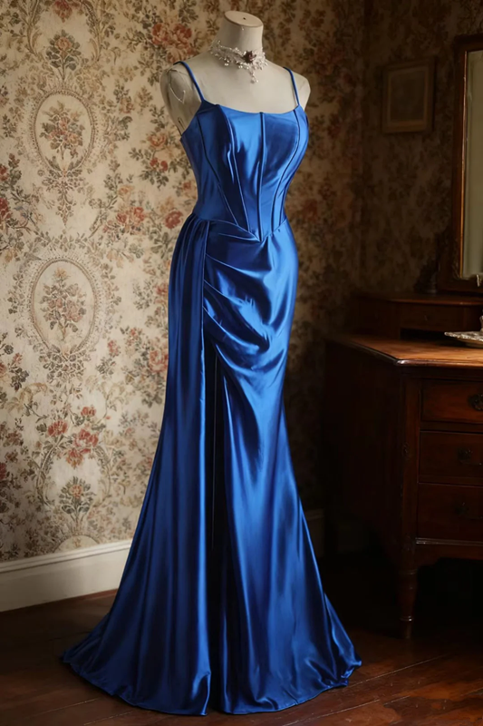 Blue satin halter-neck fitted bodycon long ball gown R6741