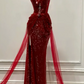Red halter-neck sequined fitted waist slim-fitting mermaid long ball gown R6461