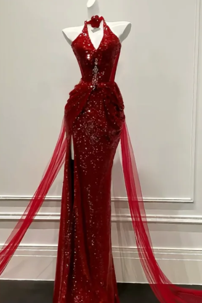 Red halter-neck sequined fitted waist slim-fitting mermaid long ball gown R6461