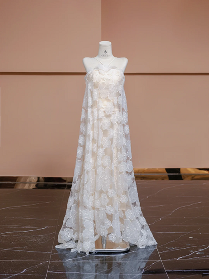Light apricot halter-neck long straight-cut ball gown, bridal dress R8348