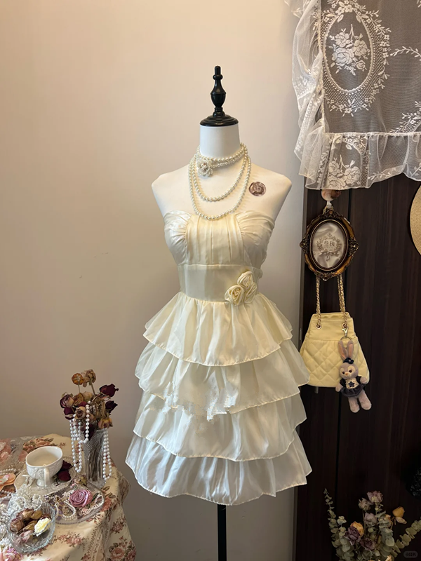 White tube top waist satin cake skirt short skirt homecoming dress R4279