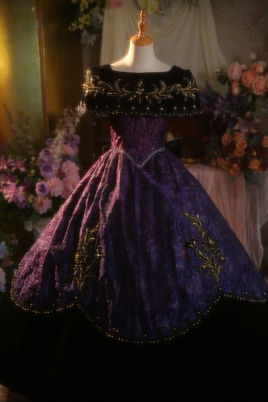 Purple vintage patterned fitted waist ball gown/bridal dress R7273