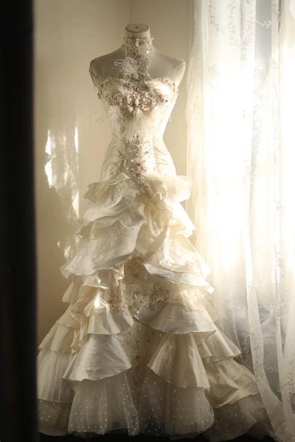 Ivory white strapless beaded fitted waist slim-fitting cake skirt long ball gown R6701