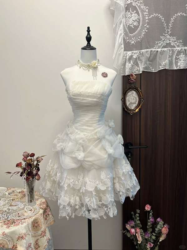 White tube top waist layered tulle design fluffy skirt lace skirt homecoming dress R4319
