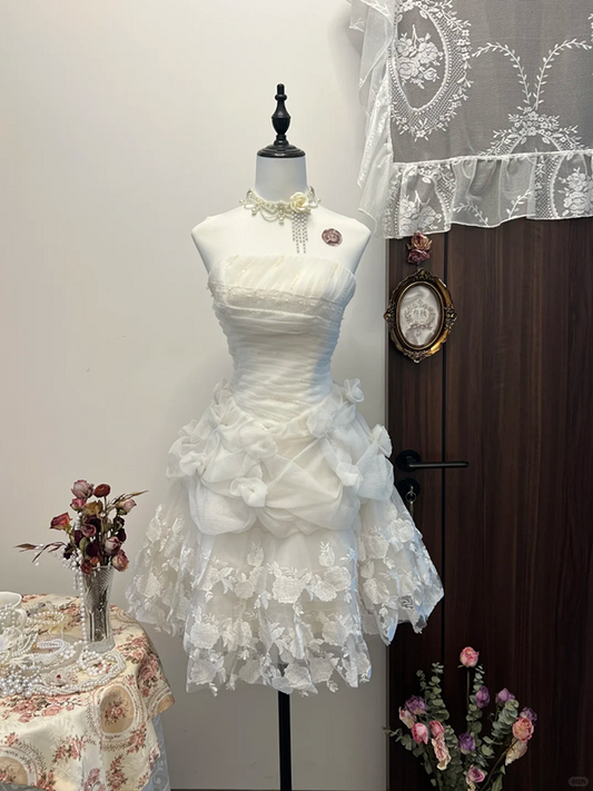 White tube top waist layered tulle design fluffy skirt lace skirt homecoming dress R4319