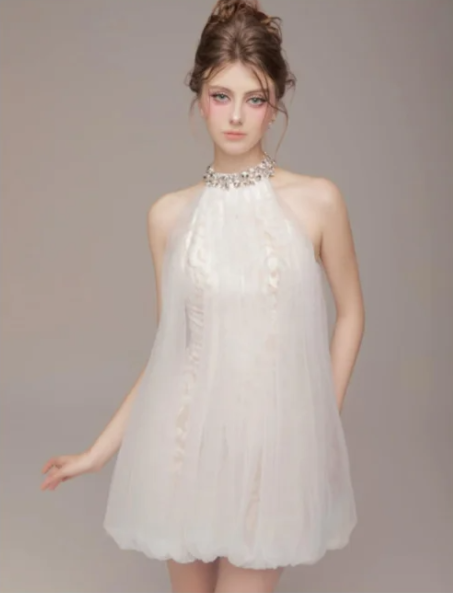 White halter neck temperament straight flower bud skirt short skirt homecoming dress R4807