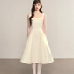 White suspender waist slim A-line mid-length skirt homecoming dress R5409