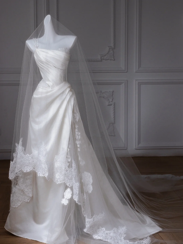 White satin one-shoulder slim waist long dress bridal gown R5787