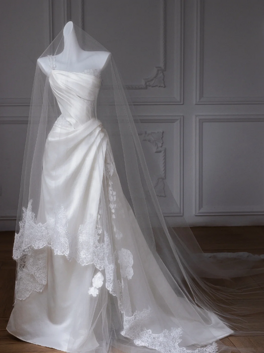 White satin one-shoulder slim waist long dress bridal gown R5787