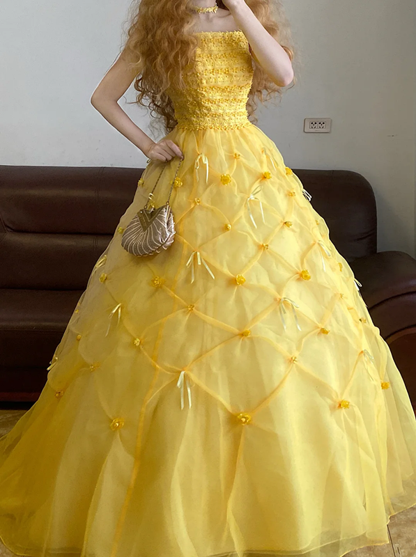 Yellow Spaghetti Strap Waist-Cinched Princess Puff-Skirt Ball Gown R7382
