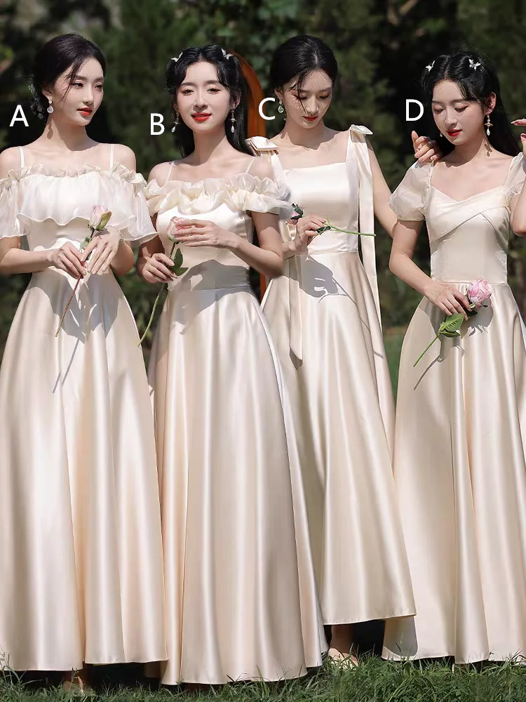 Champagne satin slim waist slimming elegant ball gown, bridesmaid dress R5982