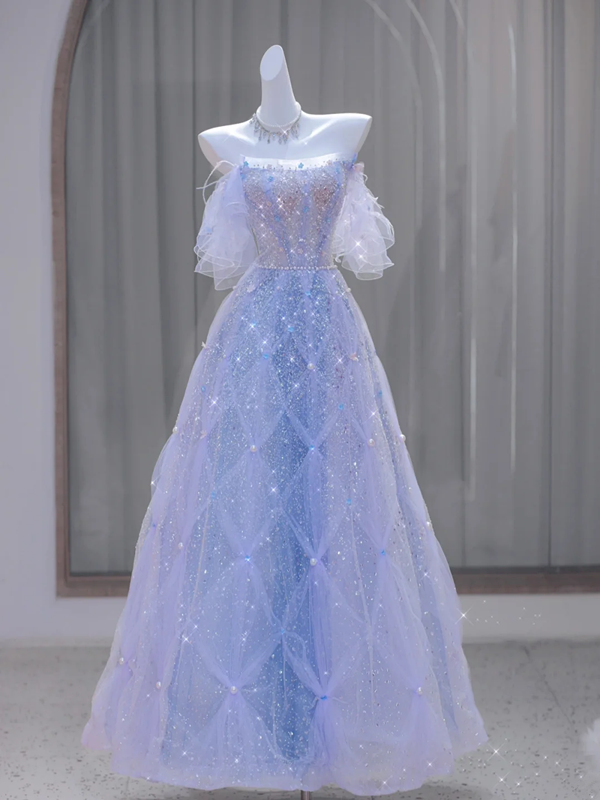 Blue one-shoulder diamond waist slim A-line ball gown bridal gown R5863