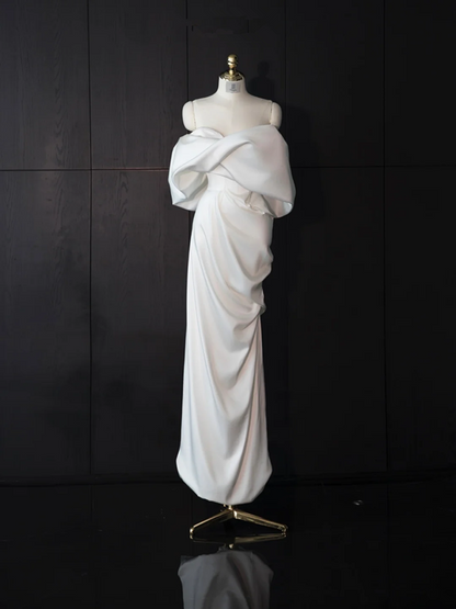White satin off-the-shoulder fitted long ball gown/bridal dress R8957