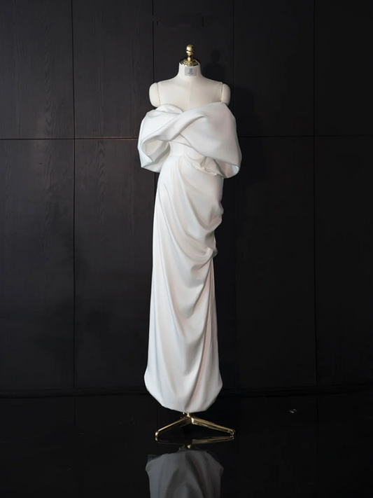 White satin off-the-shoulder fitted long ball gown/bridal dress R8957