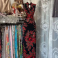 Retro red printed sleeveless neckline Chinese style fitted long ball gown R7847