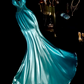 Lake blue halter neck fitted waist slim fishtail long ball gown R6419