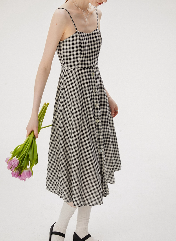 French retro plaid suspender dress niche design skirt women summer R3562