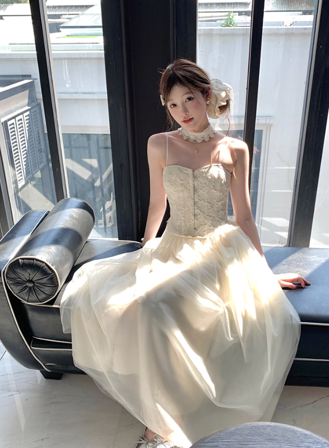 Long Apricot Lace Corset Fishbone French Suspender Skirt Summer Dress R4944