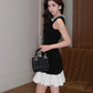 Black exquisite pearl elegant ruffled slim sleeveless Chanel dress R4075
