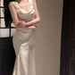 Mermaid satin white long dress engagement dress evening dress    S5941