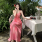 Travel wear vacation French pink white slim print chiffon suspender dress a-line skirt R1627