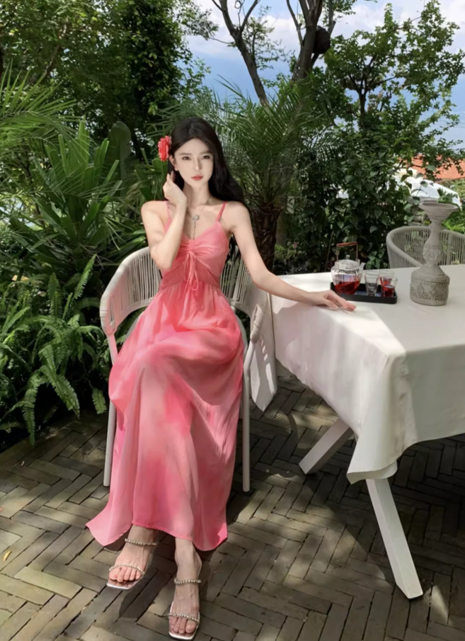 Travel wear vacation French pink white slim print chiffon suspender dress a-line skirt R1627