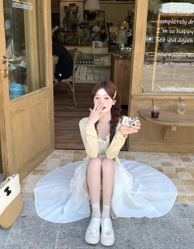 French style white sling long skirt for women summer temperament waist dress R3830