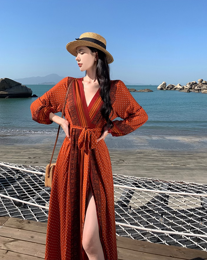 Travel wear retro ethnic style one-piece dress long sleeve seaside holiday wrap dress R1626