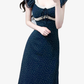2025 Summer New Navy Retro Polka Dot French Square Neck Short Sleeve Long Dress R0927